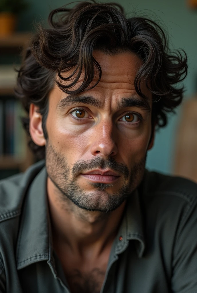 Nerdy man brown hair brown eyes dark curly 1 sci-fi lower middle class realistic
