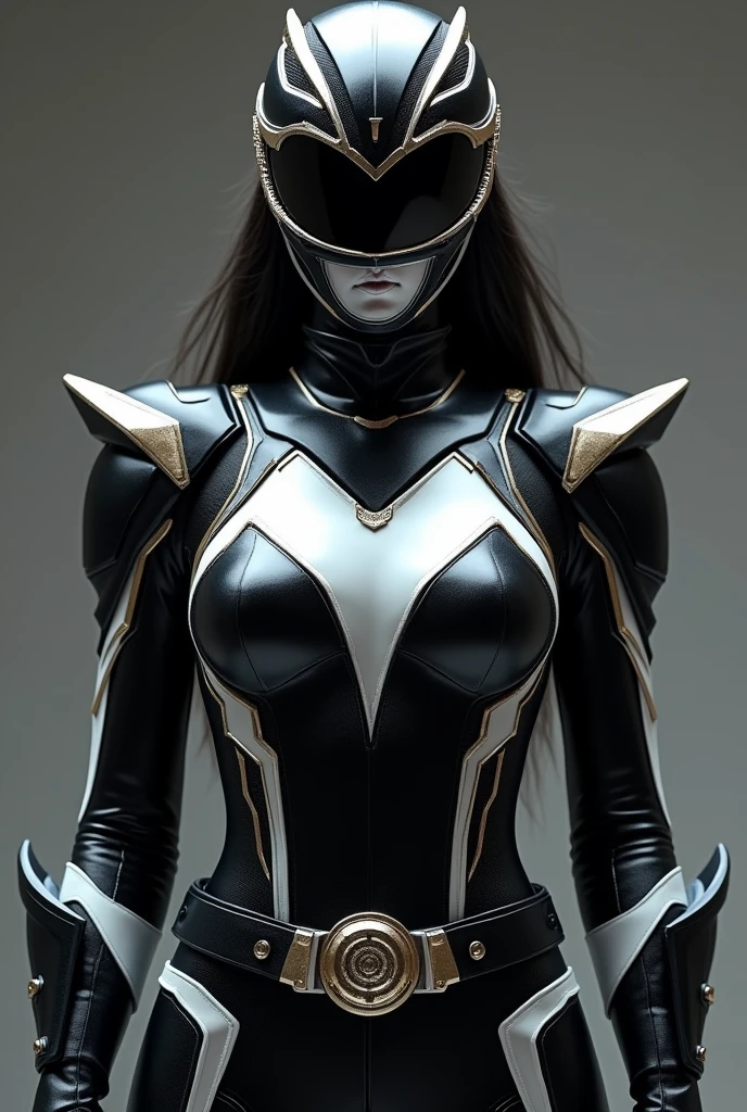 Power Ranger Black with white armor 
girl in full shining armor with armor covering her face too, facing front, color BLACK with a little touch of WHITE ARMOR and face FULL cover with hair