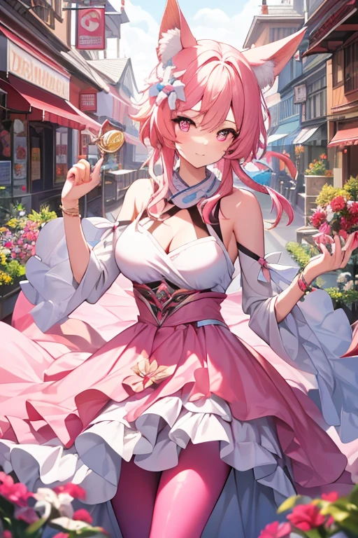 An adult woman with pink eyes, long bright pink hair with fox ears. Wears an elegant dress. She must be wearing a pink leggings. she comes from wonderland