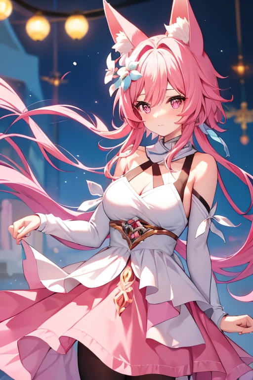 An adult woman with pink eyes, long bright pink hair with fox ears. Wears an elegant dress. She must be wearing a pink leggings. she comes from wonderland