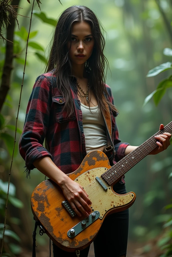 Very beautiful and glamorous mature musician aged 8、She&#39;s got a muddy, worn-out, muddy Fender electric guitar（Natural body telecaster）Lost in the jungle with a、A tattered, ripped, muddy checked flannel shirt and a white tank top、Black tight pants and muddy lace-up boots、dark brunette One-length Perfectly straight very long wet Messy hair,A bruised and exhausted face and body、Very large, pendulous breasts、a perfect glamorous mature woman's proportions、super realistic mature's body and skin,very huge sagging tits,very glamorous sexy figure,A very large cleavage、Torn clothing soaked with blood from abrasions and scrapes all over the body、Plump body、Voluptuous body、

