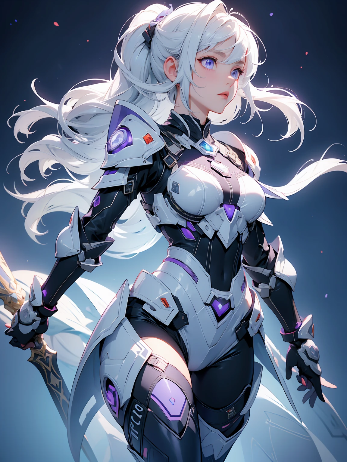 ((Best Quality)), ((Masterpiece)), ((Realistic)) slender, cute girl with medium white hair and vibrant purple eyes. She wears a tight-fitting, sleek suit with high-tech boots and chestplates. The outfit includes matching vambraces, all in a futuristic, high-tech design. She wields a high-tech sword, adorned with glowing lights along the blade and hilt. The girl's expression is calm and focused, complementing her stylish, advanced gear.