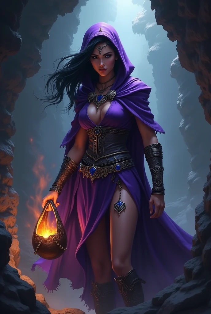 a half-elf and sorceress woman with black hair and purple adventure clothes with a menacing look holding a bag ready to set it on fire inside a cave 