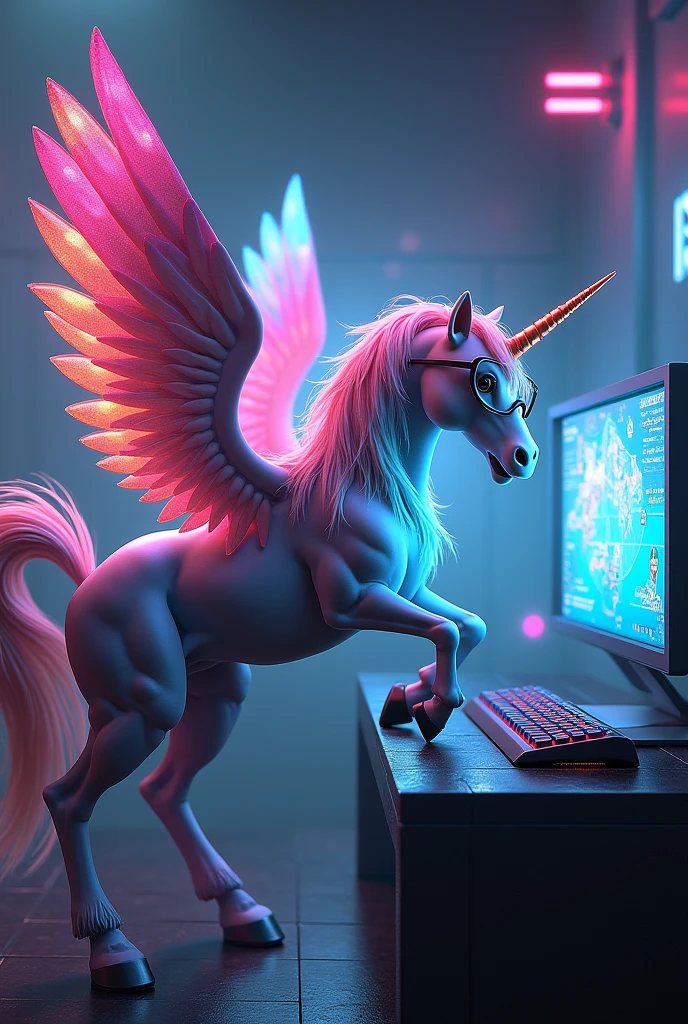(photorealism:1.2), winged gamer unicorn with glasses playing