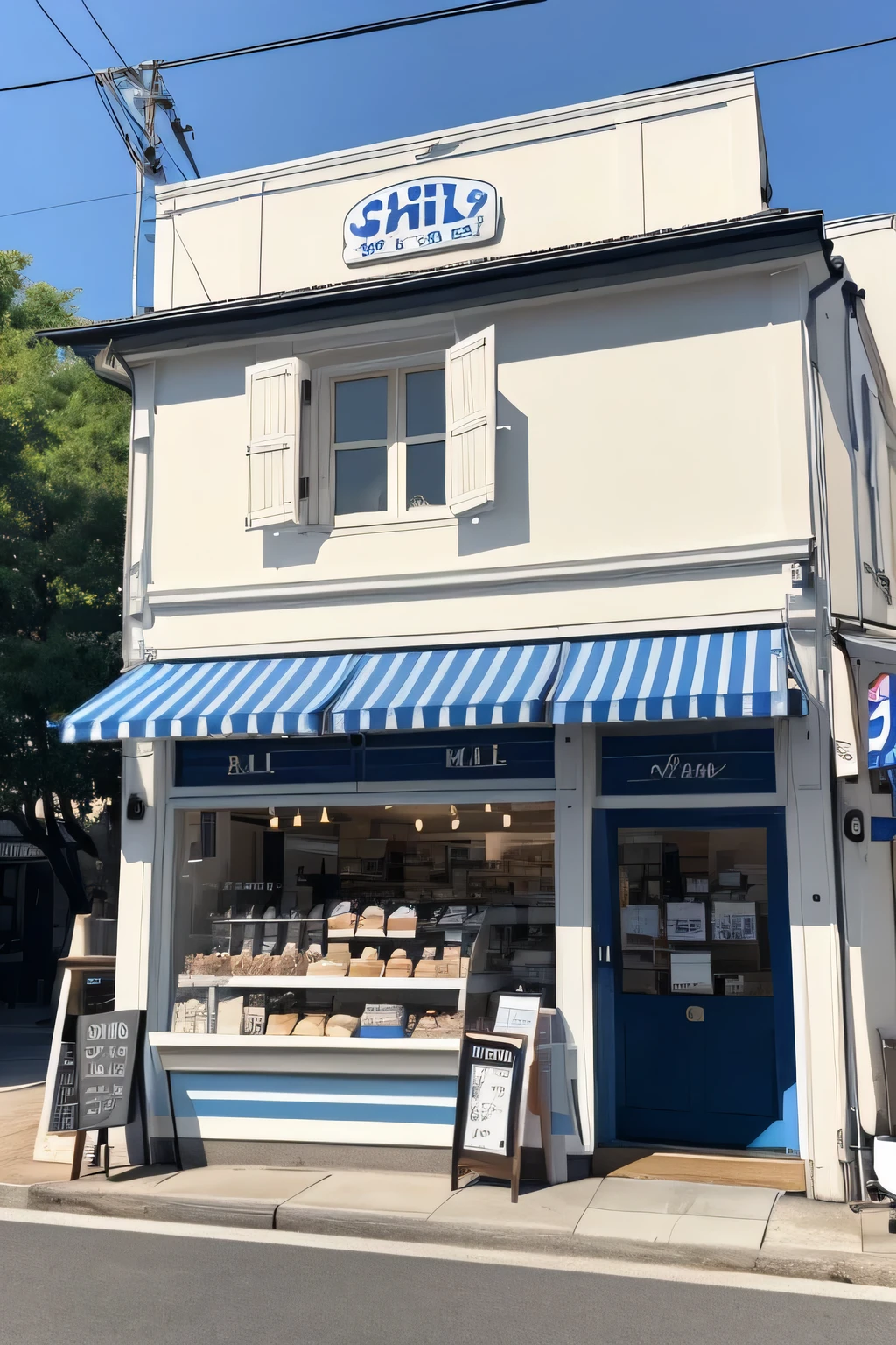 Store design for a milk specialty store based on blue, white, and black。 A cute, pop-style French country-style shop for women。 Fresh milk for sale、Soft serve ice cream and milk pudding、A store that also sells milk donuts。 Located in a department store in Kichijoji, Japan。 It's a small restaurant with about 10 seats for eating in.。Image of the inside of a department store basement。