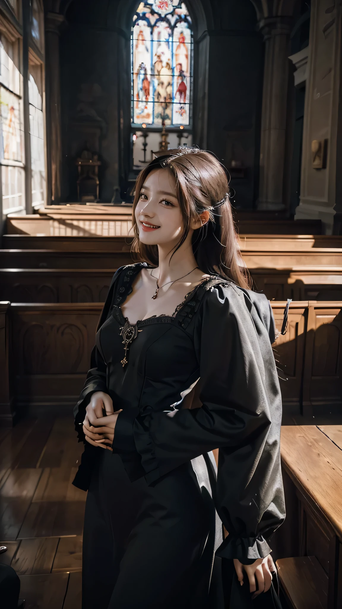 woman with the bearing of a madame in a velvet dress laughing with black eyes and lights and shadows in all art with a background of a Gothic interior church, Gothic