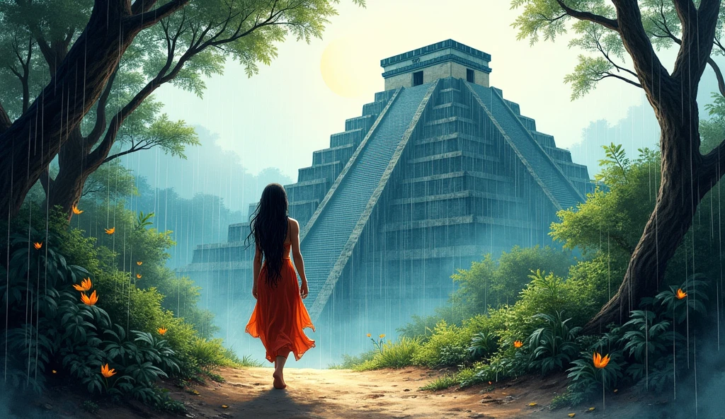 dynamic ink painting of a Mayan woman shaman, walking away from the pyramid, ground level shot, the most beautiful temple in the world, jungle leaves shining through rainwater, moon\(pale blue\) with a light overcast, beautiful Mayan woman, full of wisdom looking straight into your eyes, looking straight at the camera, smiling ,raining softly, fireflies flying around, long distance shot,