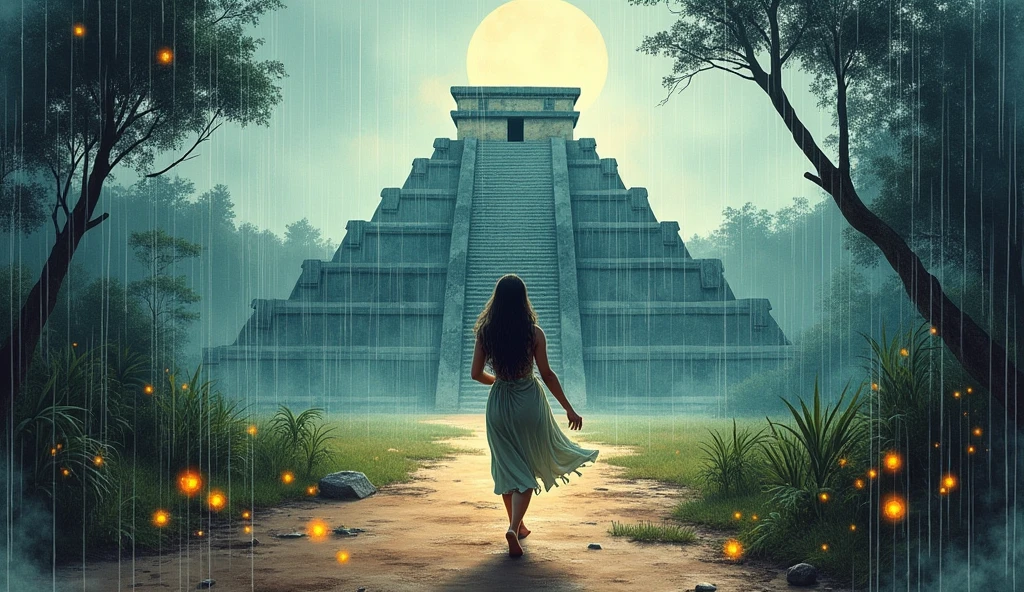 dynamic ink painting of a Mayan woman shaman, walking away from the pyramid, ground level shot, the most beautiful temple in the world, jungle leaves shining through rainwater, moon\(pale blue\) with a light overcast, beautiful Mayan woman, full of wisdom looking straight into your eyes, looking straight at the camera, smiling ,raining softly, fireflies flying around, long distance shot,