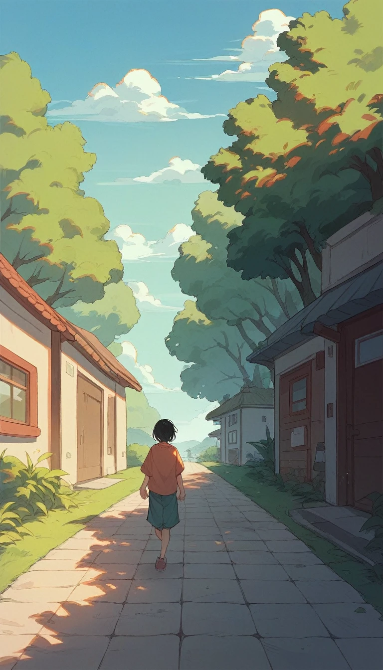 Black-haired boyish girl、Summer Casual、Summer blue sky、Summer Clouds、fine、Side Angle、Landscape、Vision、Walking towards the camera
