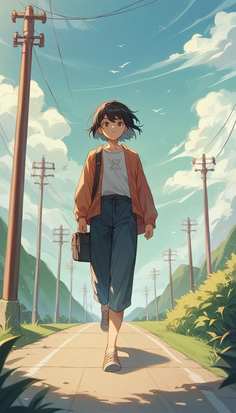 Black-haired boyish girl、Summer Casual、Summer blue sky、Summer Clouds、fine、Side Angle、Landscape、Vision、Walking towards the camera