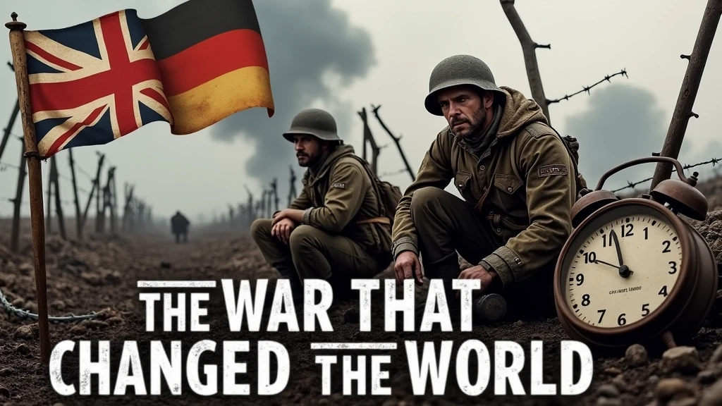 A devastated battlefield with trenches, barbed wire and worn out soldiers, in sepia or gray tones, to give a sense of period.
A large explosion or cloud of smoke in the background to emphasize the intensity of the conflict.
Secondary Elements:
Icons of involved nations, SOM a bandeira da Alemanha e da Grã-Bretanha, half faded, representing the main powers.
A broken clock or an old calendar, symbolizing the historical impact and lasting consequences.
Cover Text:
Video title in large, bold letters, with a font style reminiscent of old newspapers or historical documents.
Below the title, a smaller subtitle, SOM "conflicts, Historical Consequences and Impacts" ou "The War That Changed the World", to contextualize the video.