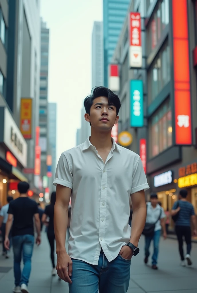 Image of a young black-haired Korean man wearing blue jeans and a white shirt walking outside on the street in a busy city