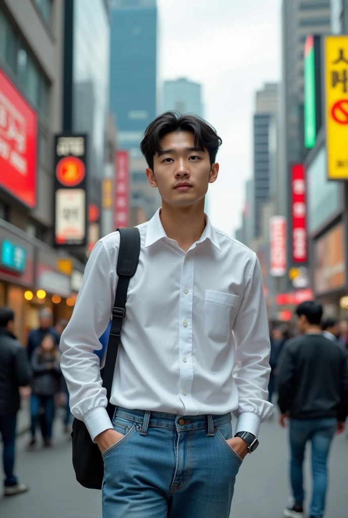 Image of a young black-haired Korean man wearing blue jeans and a white shirt walking outside on the street in a busy city