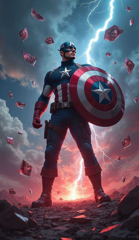 Clareza e Especificidade no Prompt: Captain America stands at the center of the image, with his shield raised defensively as the world around him begins to distort and fracture. The scene focuses on the chaos of time collapsing in on itself, with multiple versions of events and characters from different timelines converging.
Detalhes Visuais: Captain America is depicted in his full suit, standing firm with his shield glowing faintly from the energy of the Reality Stone embedded within it. His expression is one of shock and determination as he watches time begin to unravel. Around him, the environment should show fractured pieces of reality—shards of glass-like time fragments that reflect different moments of his life. These fragments should include distorted images of his battles, allies, and key moments, all blending and overlapping in a chaotic yet controlled manner.
Contexto e Composição: The composition centers on Captain America, but the background is filled with swirling, fragmented images and temporal distortions. The perspective should be slightly above, looking down at Captain America, emphasizing the disorienting effect of the paradox forming around him. Various temporal versions of himself might appear, each slightly out of sync, adding to the visual complexity.
Atenção ao Ambiente: The environment around Captain America should be a chaotic mix of timelines colliding. The ground beneath him cracks and splinters, with fragments of past and future scenes merging together. The sky is split into different colors and times of day—daylight on one side, night on the other, with a twilight zone in between where stars and the sun coexist. Lightning and temporal energy arcs through the sky, connecting the fragments of time like electrical currents.
Referências Emocionais: The atmosphere is tense and chaotic, filled with a sense of impending disaster. Captain America's posture is defensive, as if he’s bracing against a force beyond his control. His eyes reflect
