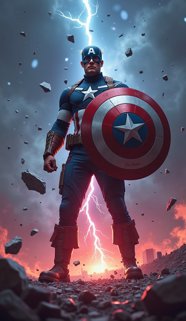 Clareza e Especificidade no Prompt: Captain America stands at the center of the image, with his shield raised defensively as the world around him begins to distort and fracture. The scene focuses on the chaos of time collapsing in on itself, with multiple versions of events and characters from different timelines converging.

Detalhes Visuais: Captain America is depicted in his full suit, standing firm with his shield glowing faintly from the energy of the Reality Stone embedded within it. His expression is one of shock and determination as he watches time begin to unravel. Around him, the environment should show fractured pieces of reality—shards of glass-like time fragments that reflect different moments of his life. These fragments should include distorted images of his battles, allies, and key moments, all blending and overlapping in a chaotic yet controlled manner.

Contexto e Composição: The composition centers on Captain America, but the background is filled with swirling, fragmented images and temporal distortions. The perspective should be slightly above, looking down at Captain America, emphasizing the disorienting effect of the paradox forming around him. Various temporal versions of himself might appear, each slightly out of sync, adding to the visual complexity.

Atenção ao Ambiente: The environment around Captain America should be a chaotic mix of timelines colliding. The ground beneath him cracks and splinters, with fragments of past and future scenes merging together. The sky is split into different colors and times of day—daylight on one side, night on the other, with a twilight zone in between where stars and the sun coexist. Lightning and temporal energy arcs through the sky, connecting the fragments of time like electrical currents.

Referências Emocionais: The atmosphere is tense and chaotic, filled with a sense of impending disaster. Captain America's posture is defensive, as if he’s bracing against a force beyond his control. His eyes reflect 