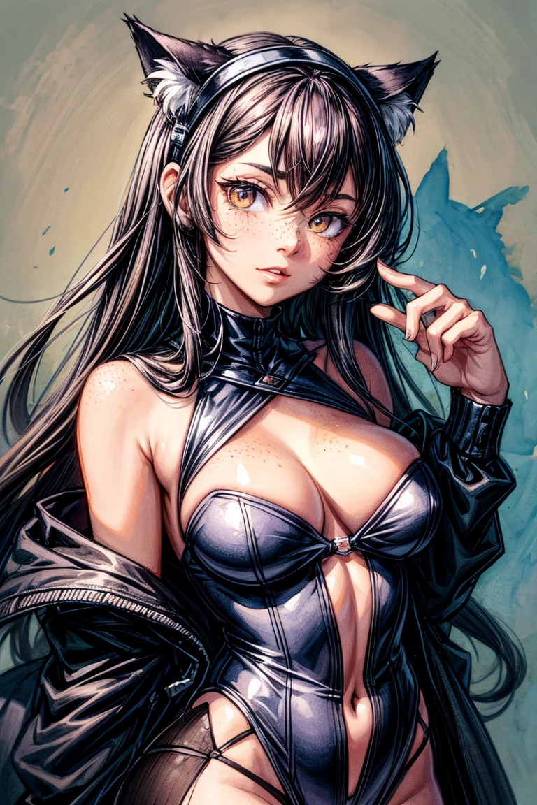 a cat woman with freckles, dark brown eyes, and an upturned nose, she is very happy, she has long wavy hair, black hair, wearing aviator sunglasses with clear lenses in a soft watercolor style. The girl's clothes must be in pink, purple, and blue in celebration of the bisexual, with stains of ink and watercolor mixing and filling the scene. There should be a subtle, nuanced change in colors using the impasto technique with gouache paint. There should be a light rain in the watercolor painting with a little watercolor paper texture and a pastel background.