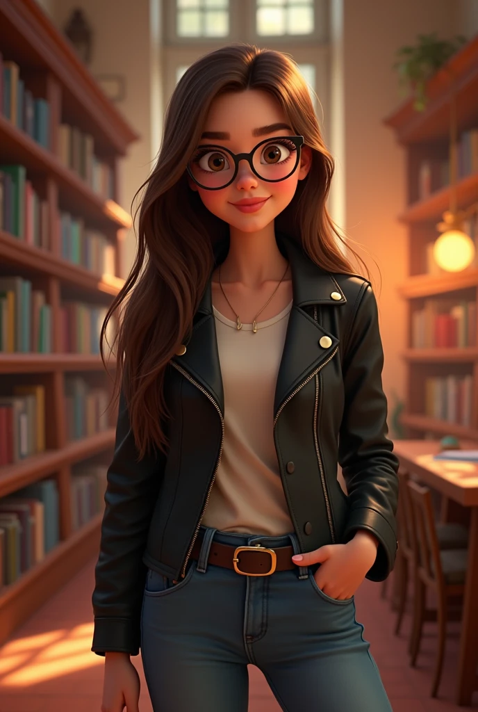 Pixar style poster of a 1 girl with straight hair, long, brown hair and semi-round glasses and brown eyes and casual clothing in a library with a black leather jacket and posing for a casual photo
