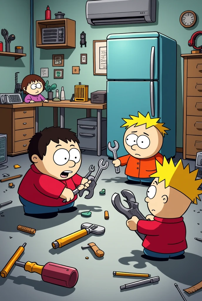 Make a drawing of the South Park series in which the characters are playing with work tools such as polishing wrenches in an air conditioning repair workshop in which there are domestic air conditioners., Refrigerators and work tools on the floor or tables