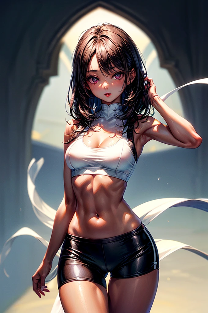 ((highest quality)),(ultra high resolution),(Super detailed), (best work of art), (1 young girl:1.5), beautiful and well-shaped face:1.5,(Beautiful skin with precise and detailed depiction:1.6),(sports bra and waist band nylon shorts ),gorgeous, masterpiece, best quality, high-resolution, finely detailed, extremely detailed and beautiful, distinct-image, hourglass figure,, 1 girl, 1 teenager, solo, sharp facial features, oval shaped face. cherry red lips,. velvet-colored eyes, D-cup breasts, tall height(175cm), slim curves, toned body type, flowing waist length ink-black dark violet hair, small narrow waist, long and slender legs, curvy wide hips, modern athletic setting, lightly tanned white skin