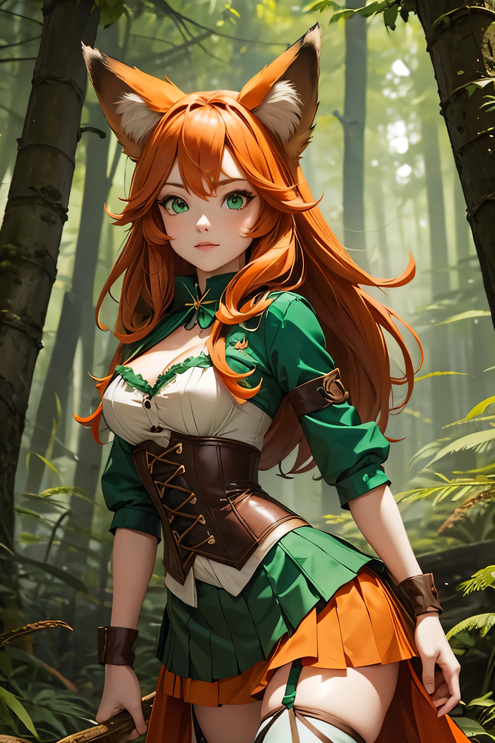 Woman, Fox Lady, Orange Hair, long Hair, Fox Ears, Green Eyes, Brown Mini Skirt, Green Corset, in the Forest
