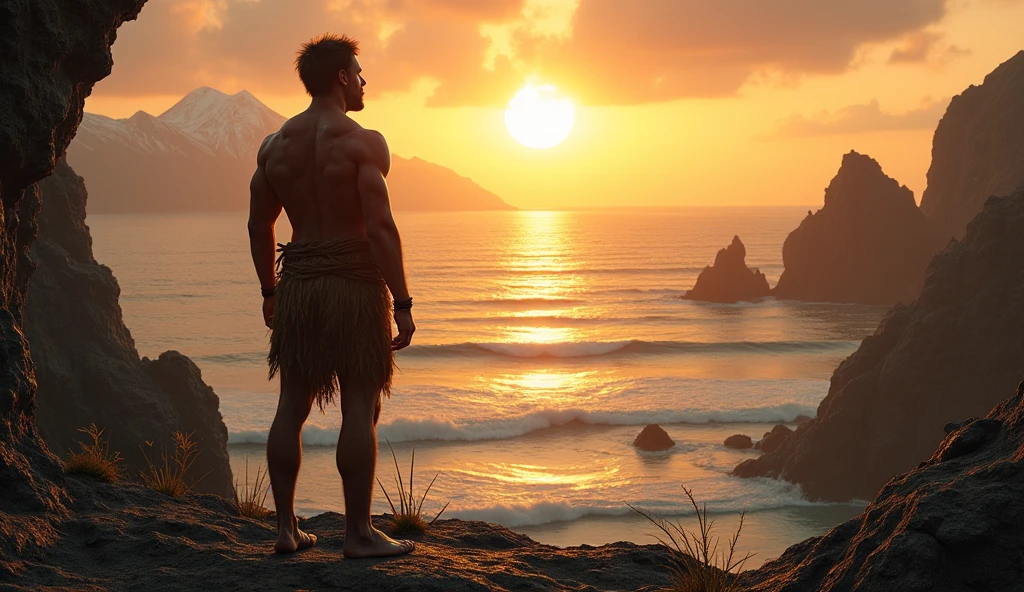 prehistoric man looking at the sea; sunset.