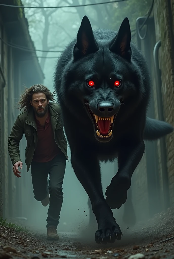man and woman,  chased by black dog, big, with red eyes