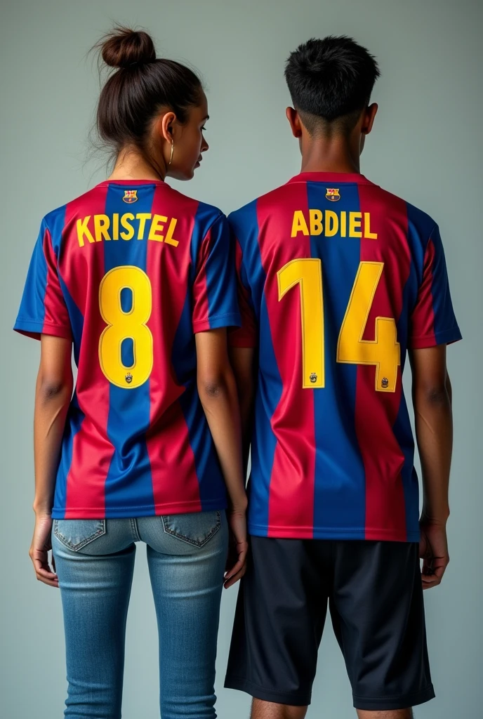 Woman and man from behind with Barcelona shirt number 8 and 14 named Kristel and Abdiel and the woman with her hair tied to one side in jeans 