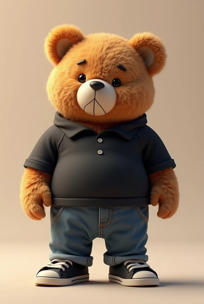 3D illustration of a chubby teddy bear dressed in a black shirt and jeans, black sneakers with white details, nerdy, middle-aged, with a wise face, in 4K.