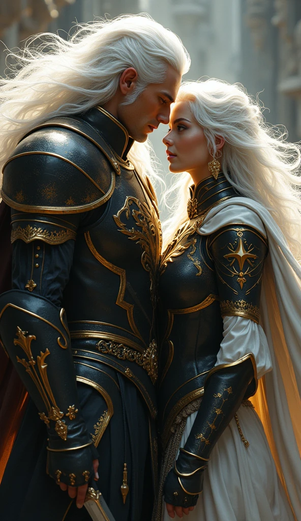 A white haired man ,very long white shiny hair, and woman with black and gold armor and a cape related to the Knights of the Zodiac, His armor will have the combination of a lion spirit and a puma and his human companion with a white armor with the spirit of a white dog