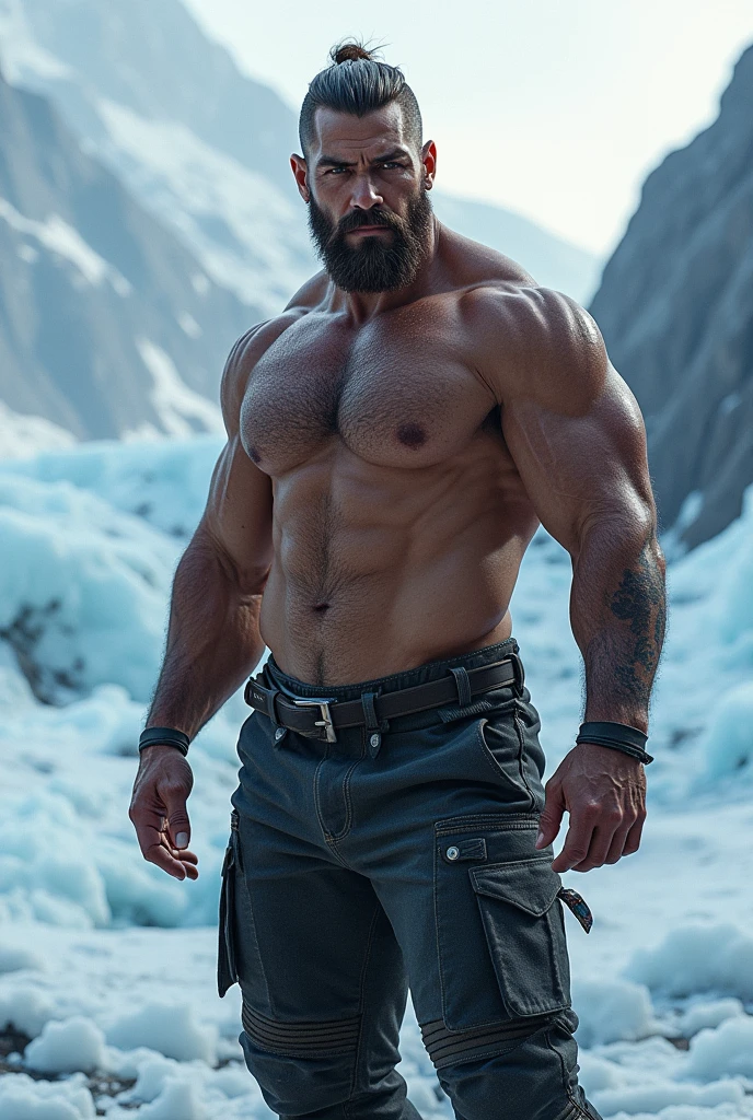 A shirtless character in blue arctic