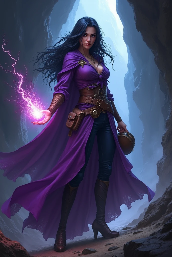 a half-elf and sorceress woman with black hair and purple adventure clothes with a menacing look holding a bag in one hand and with firepower in the other hand, inside a cave