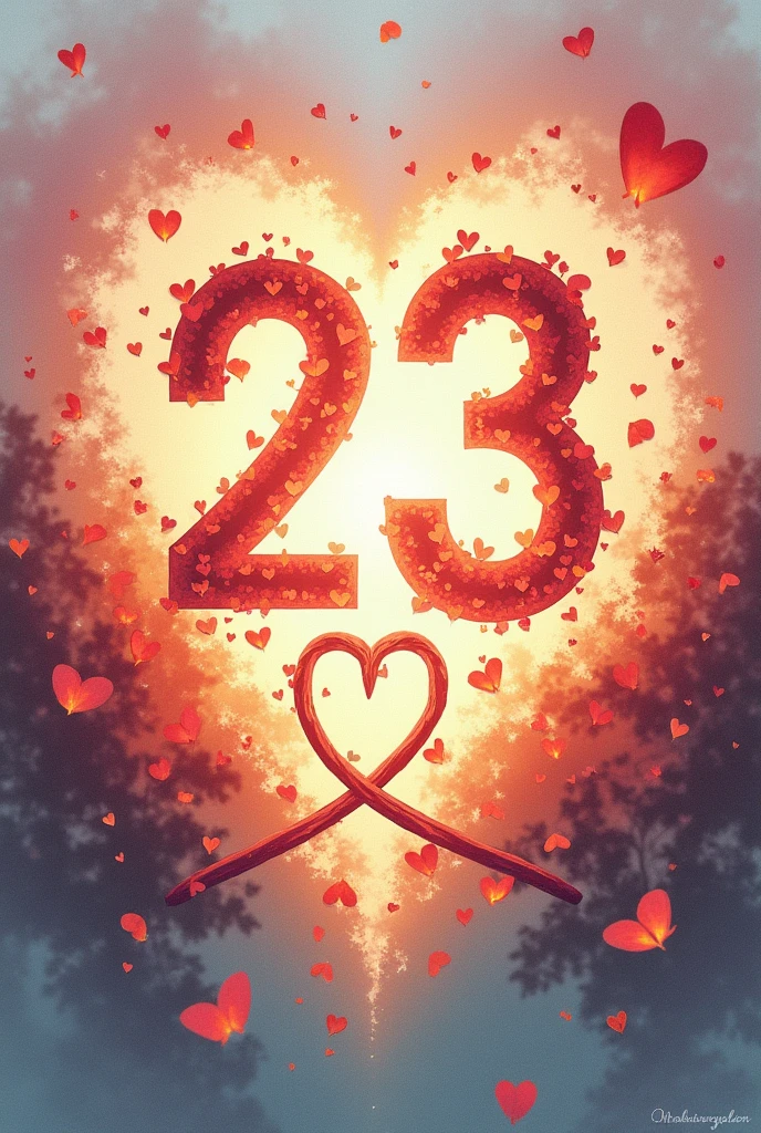 GENERA UNA IMAGEN CON LAS followingS LETRAS CN Y EL NUMERO 23, AND SMALL LETTERS CLEIVER AND NERSY, AND A SYMBOL OF INFINITE LOVE, following, IT'S FOR MY PARTNER, the letters are missing, CN and letters and the infinity symbol, that the letters are in capital letters, But don't forget the other details I told you., but another design,following, that it be like a painting, I want this design but add the 23, but let it be for an invitation, but beautiful, Wow, We are a happy couple, Give your creation an atmosphere, You are already close