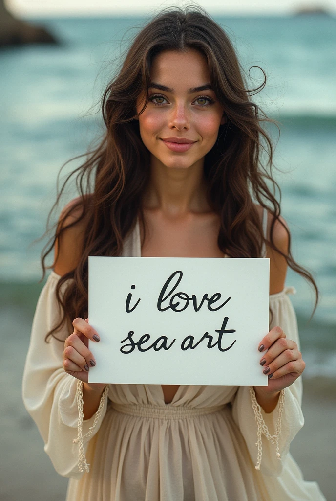 Beautiful girl with wavy long hair, bohemian dress, holding a white board with text "I Love Seaart Infinity" and showing it to the viewer