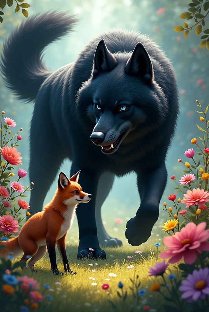 A big black wolf with blue eyes wagging its tail with a serious and angry fox in a flowery place