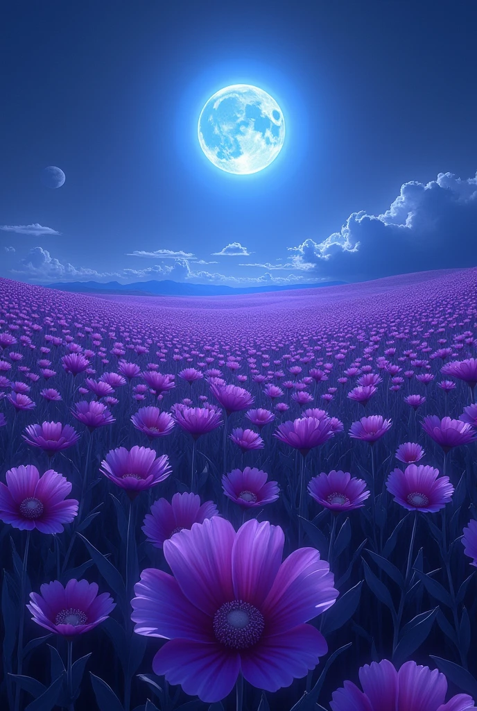 Sea of dark purple flowers in the dark blue sun
