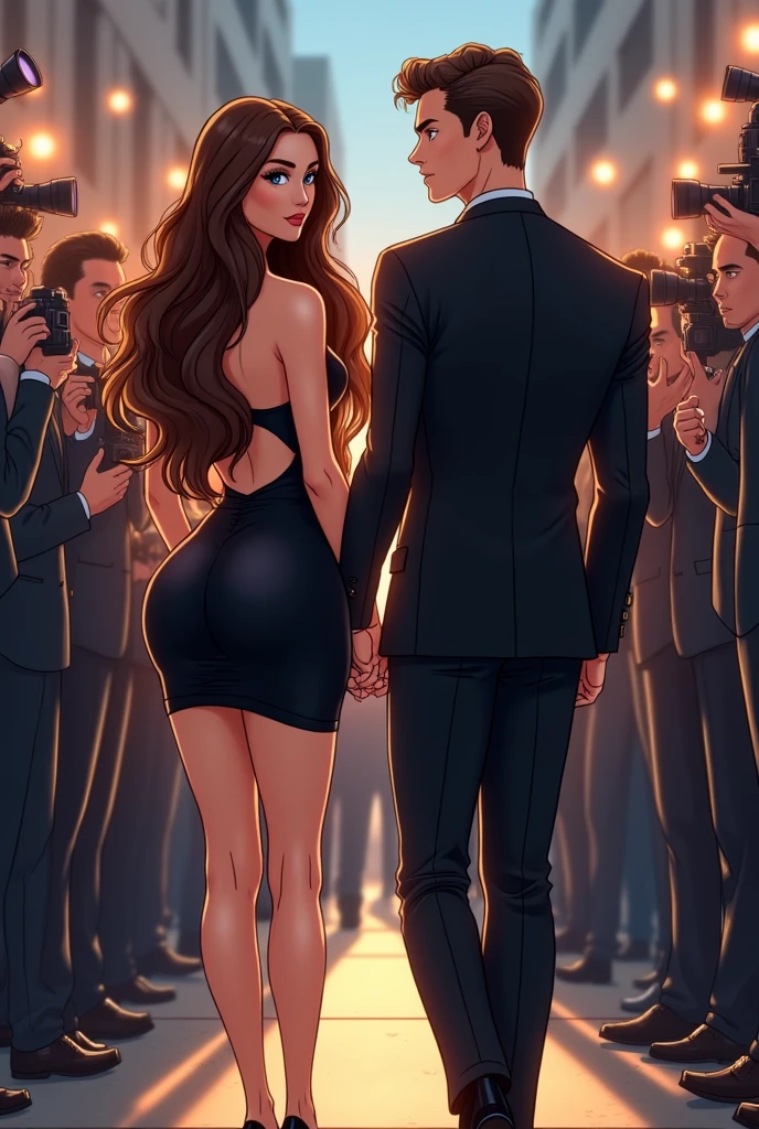 Make an anime style drawing of a white American woman with long brown hair and brown eyes and fairly big breasts walking with a tall white American man with brown hair and blue eyes and a nice build and fairly large bulge. The girl is wearing a very small tight short and revealing black dress and some black high heels and the man is wearing a nice black suit. They are walking hand and hand and one of the man’s hands is groping her butt cheek and they’re surrounded by paparazzi