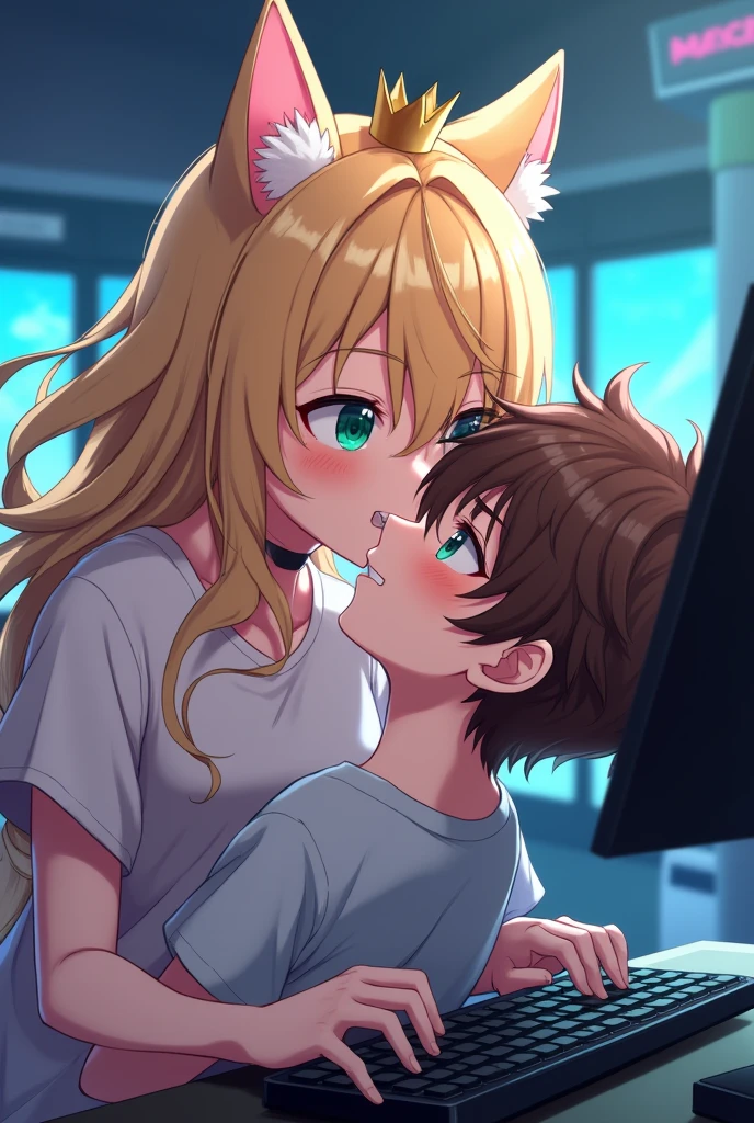 An anime gaming girl with cat ears a crown blonde hair and green eyes bites a gaming boy with brown eyes and brown hair and wearing glasses in the neck