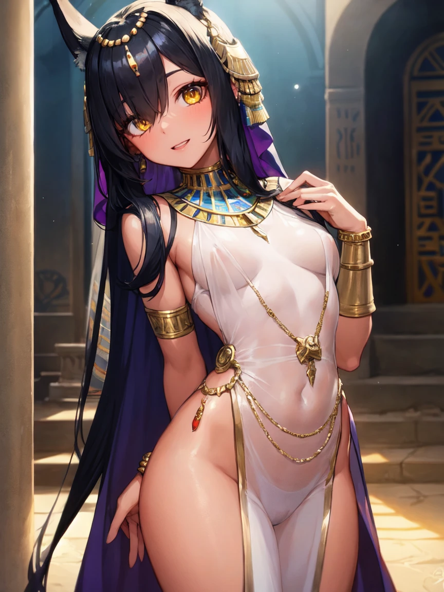 (masterpiece, best quality, highres:1.2), 1girl, solo, ultra-detailed, photorealistic anthropomorphic animal, Character Design, Pharaoh, Mythology, Animated, Egypt, AI Partner, Anime Babe, Breasts, Bastet, Egyptian goodness, pharaoh woman, cat girl, cat sphinx, onyx skin, monster girl, furry, detailed body, detailed hands, Fan Art, correct fingers, lying on the bed, cowboy shot, Egyptian-style bedroom, luxurious silk cloth, golden jewelry, mesmerizing red eyes, mysterious aura, sharp claws, vibrant colors