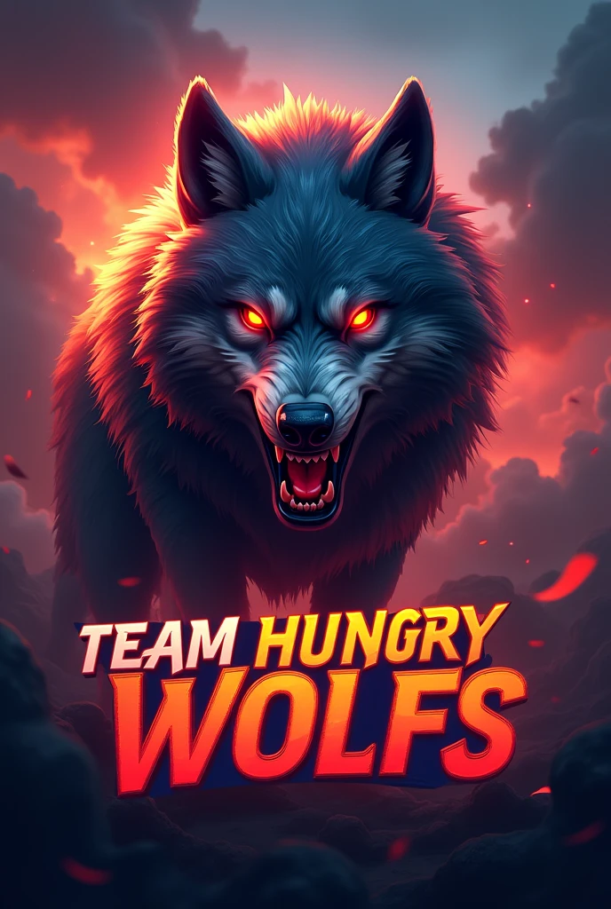 A very creative and eye-catching free fire recruitment banner with the name of "Team Hungry Wolfs"
