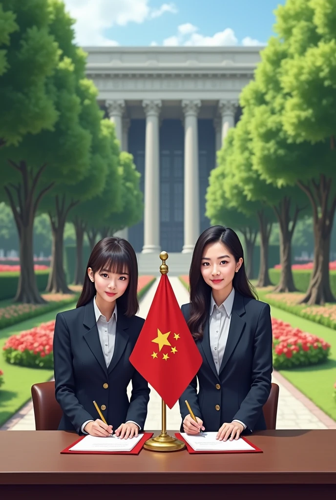 A 2 lady, signing Executive documents,the event takes place Infront of the company's headquarters on its compound.The compound is sorrounded with trees,grass and flowers making beautiful patterns.She faces her audience which has 27 members with all their faces clearly seen and visible with the it's only one lady background clear.On the table is a red flag written Apex Global Holdings.clearer background another one