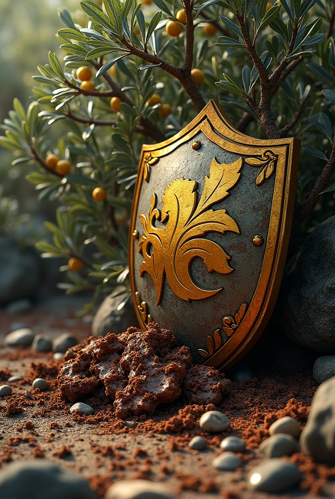 rot, with a green olive tree, silver plucked and golden fruited shield symbol of wealth and power