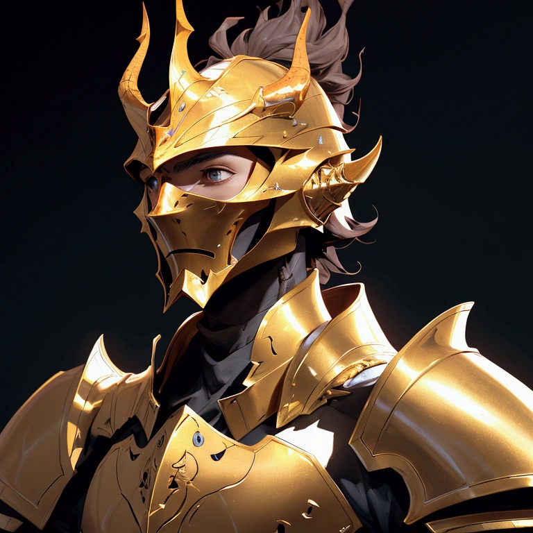 envision a 8k, highres, cinematic close up portrait of a Knight named Ornstein with a slender body with Grand Golden armor with a dragon slayer helmet against a dark gray background in the style of dark fantasy