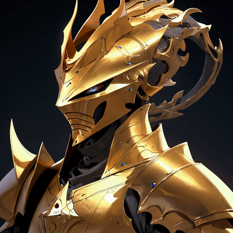 envision a 8k, highres, cinematic close up portrait of a Knight named Ornstein with a slender body with Grand Golden armor with a dragon slayer helmet against a dark gray background in the style of dark fantasy