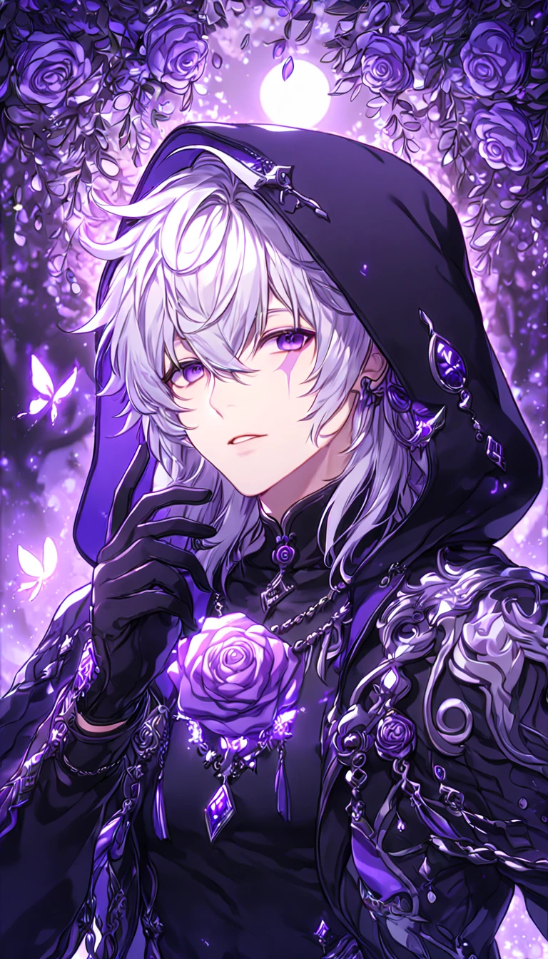 absurdres, highres, ultra detailed, HDR, master piece, best quality, extremely detailed, detailed face, Add, white hair, expressive purple eyes, Elsword, solo, sexy man, handsome, purple lightning scar on the left eye, wearing a hood, hooded black coat, black shirt with patterns, black gloves, magical, fantasy, under a purple tree, purple flames, purple moon, purple fireflies, purple roses, purple butterflies, glass magic