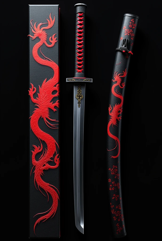 Dark katana with a large blade and black and red hilt, and a black case with a red Japanese dragon, The case has an aura of darkness and great power