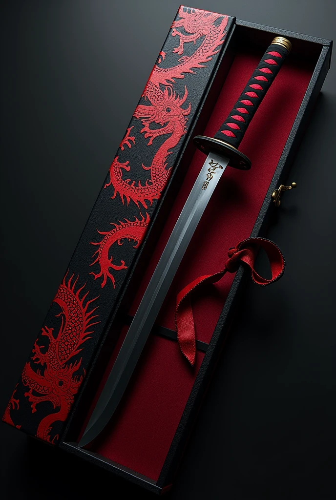 Dark katana with a large blade and black and red hilt, and a black case with a red Japanese dragon, The case has an aura of darkness and great power