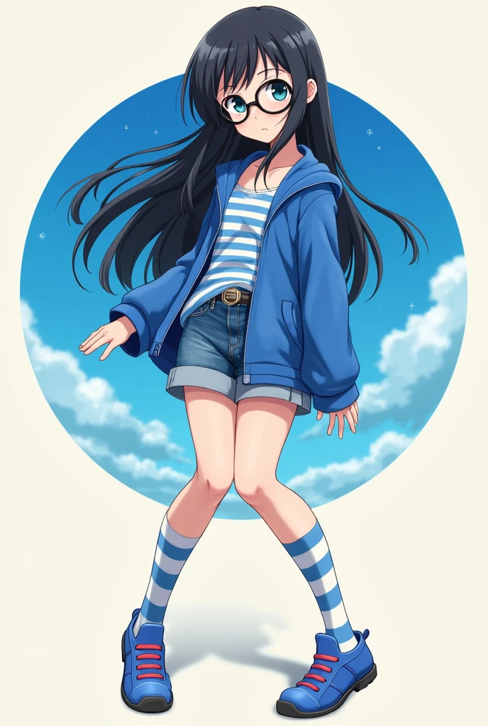 anime girl, black hair, blue long sleeve shirt, long sleeve blue and white striped, wearing black round glasses, black hair dài, jean shorts, wear blue and white striped socks, blue shoes