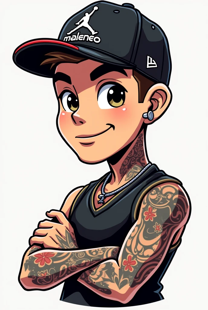 Create me a mascot logo where the mascot is a man without a beard and without a mustache without facial hair, around 20 years old with a microdermal on the right side, tattooed and wearing a Jordan cap with the letters “Maleanteo” underneath