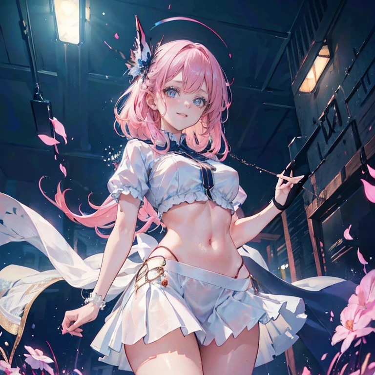 Anime Waifu beautiful detailed eyes, beautiful detailed lips, extremely detailed eyes and face, longeyelashes, 1girl, sensual, young woman, medium breasts, beautiful feminine face, nice thighs, slim, sexy, erotic, beautiful clothes, perfect body, cinematic lighting and framing, (best quality,4k,8k,highres,masterpiece:1.2),ultra-detailed,digital painting,portrait,glamorous,highly detailed,soft lighting,warm color tones Ilustrações de alta qualidade。 ((masterpiece)), ((best quality)), ((4K)), girl, pinch hemline of shirts, lift hemline of shirts, show glimpse of belly, smiling, POV from below