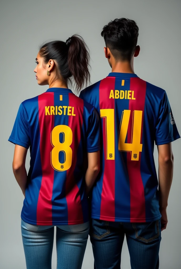 Woman and man from behind with Barcelona shirt number 8 and 14 named Kristel and Abdiel and the woman with her hair tied to one side in jeans 